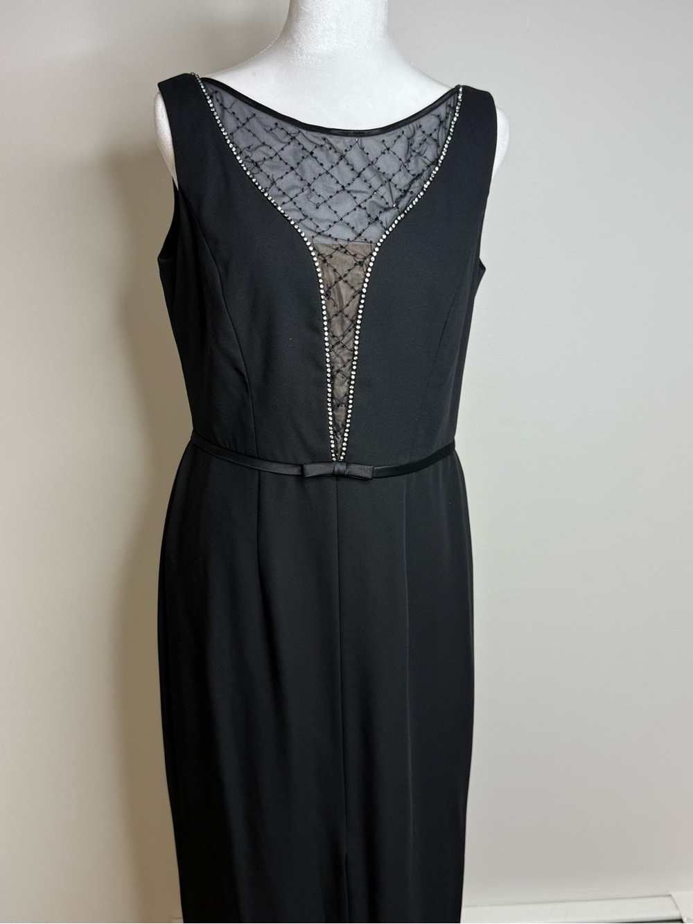 Liz Claiborne Black Sleeveless Evening Gown with Beaded Mesh Yoke